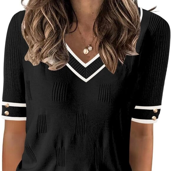 Women's V Neck Sweater Short Sleeve Lightweight Knit Spring Summer Tops with Dec - Picture 1 of 5